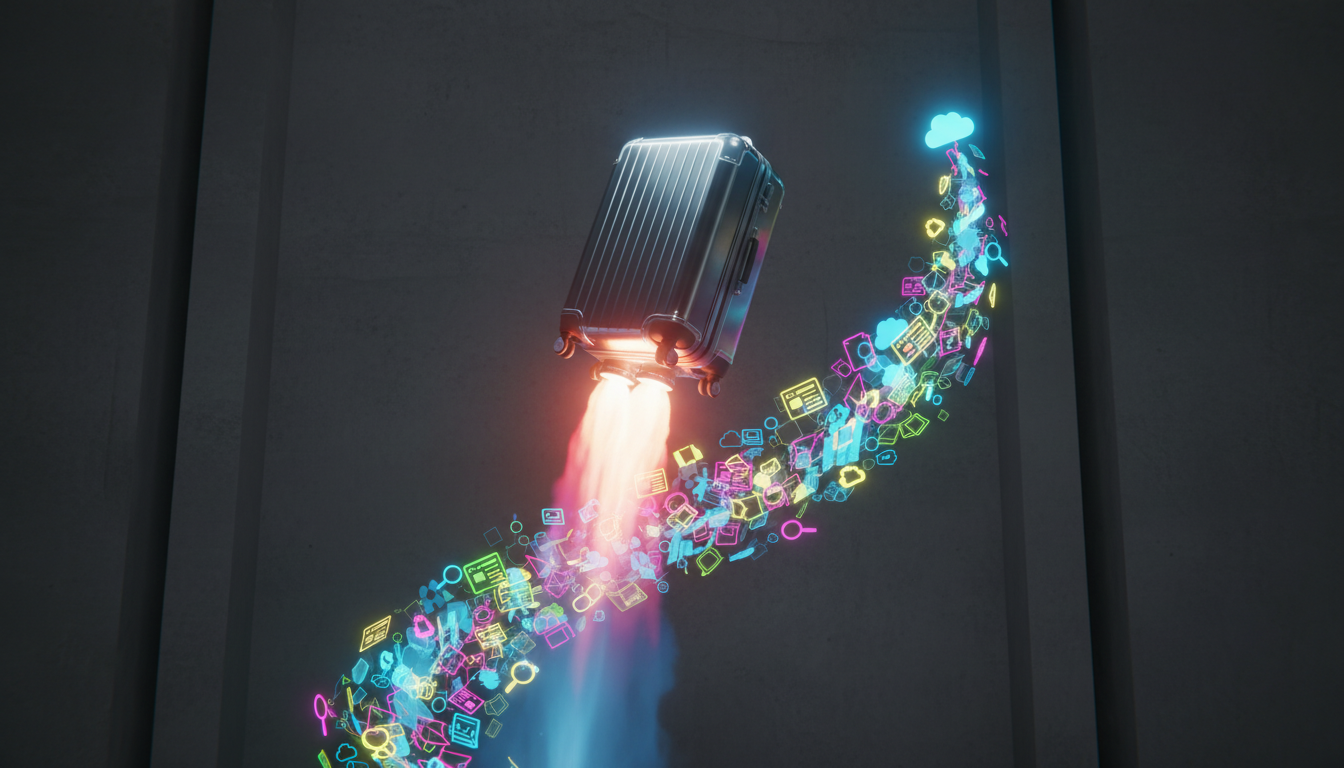 یک چمدان مدرن که مانند موشک به سمت بالا حرکت میکند و پشت سر خود نمودارهای رشد درخشانی به جا میگذارد که نماد رشد ترافیک ارگانیک است.